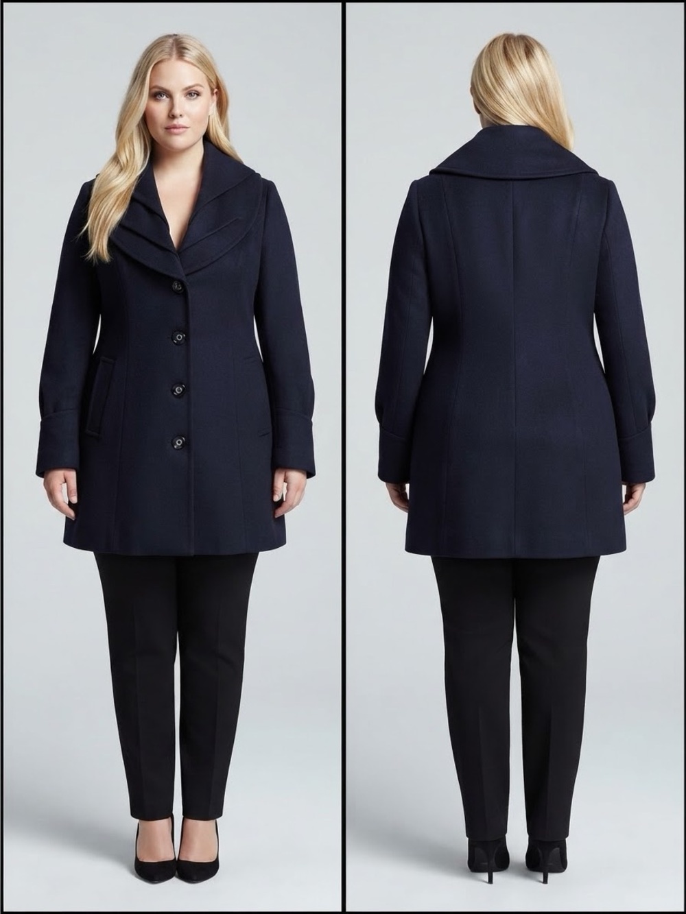 Women's Navy Shawl Collar Button Jacket Plus Size Wool Blend Coat in Navy NWT